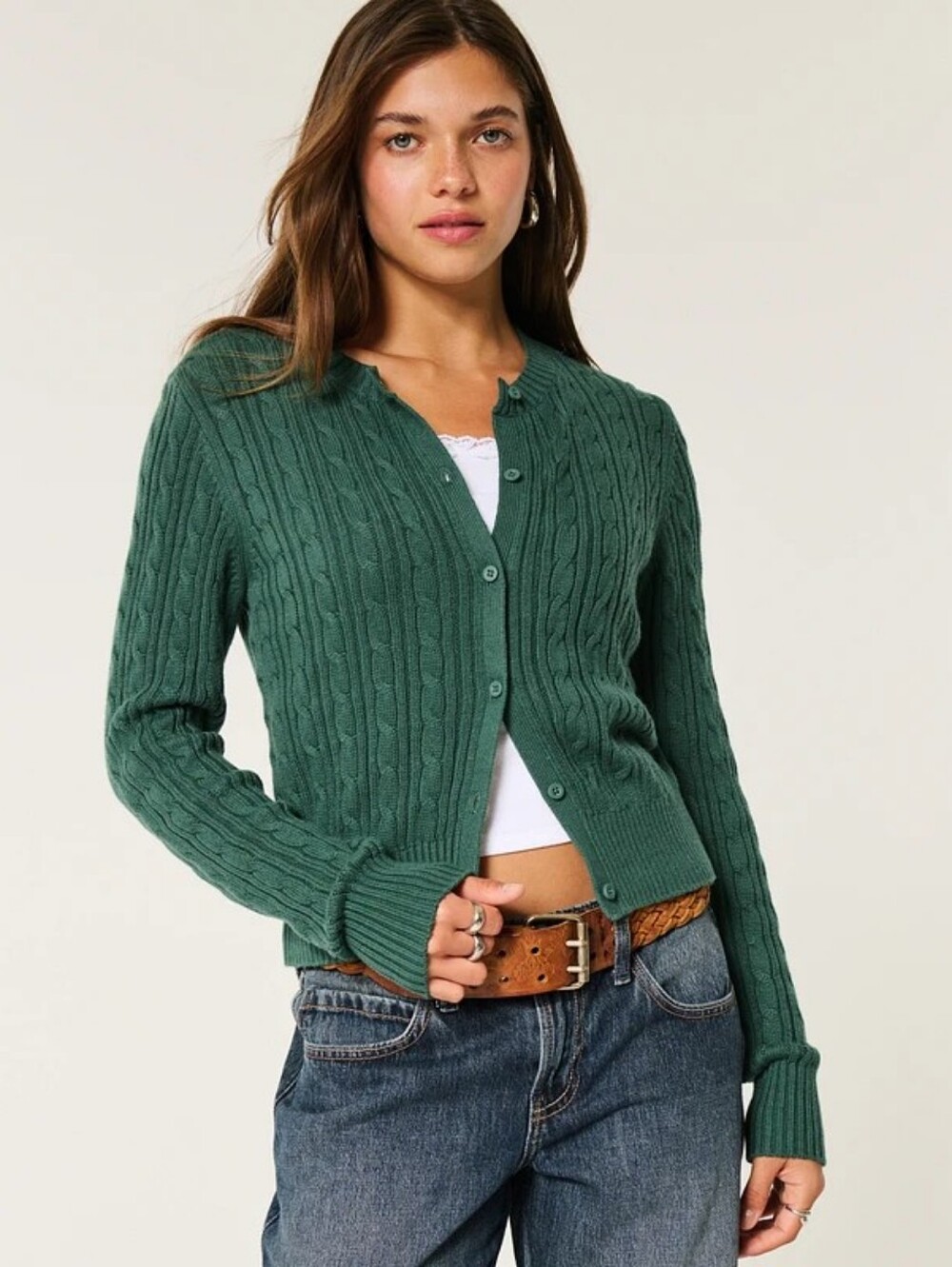 Hollister Easy Cable-Knit Crew Cardigan Sweater Forest Green Size XL